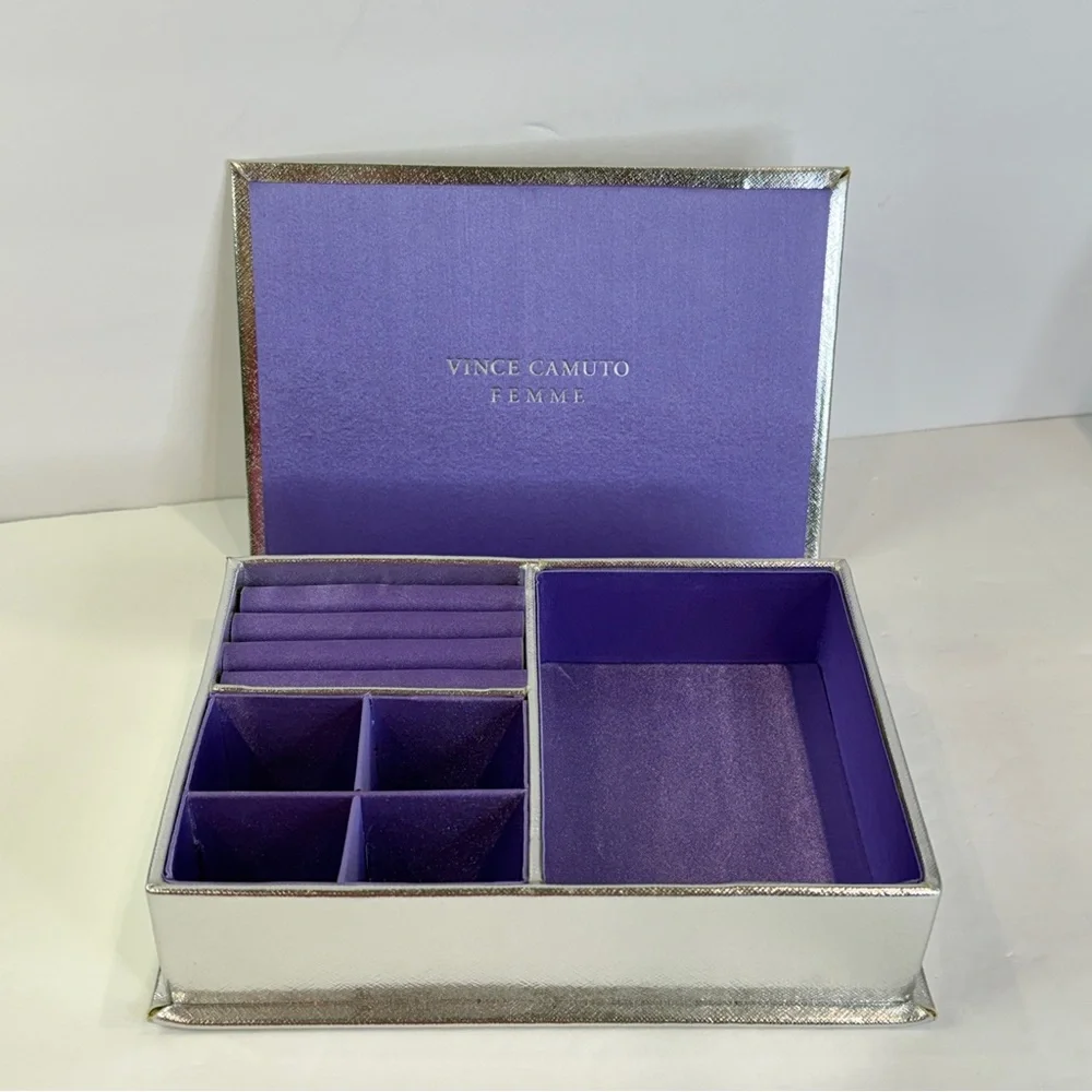 🆕 Vince Camuto Jewelry Box Silver Metallic Purple Satin Organizer Case